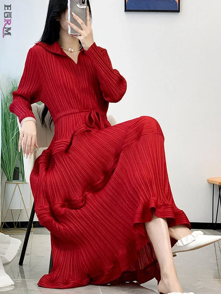 2024 Spring EGRM Maxi Dress - Pleated, Long Sleeves, Solid Color, Gathered Waist