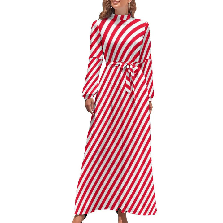 Korean Fashion Striped Maxi Dress - High Waist, Christmas Kawaii, Beach Wear - Red Line Print - European Sizing