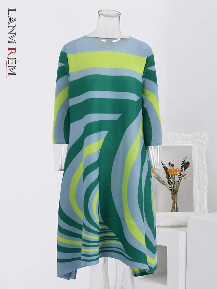 Spring Striped Dress - Color Block, Loose Fit, Mid-Length - 2024 New Arrival