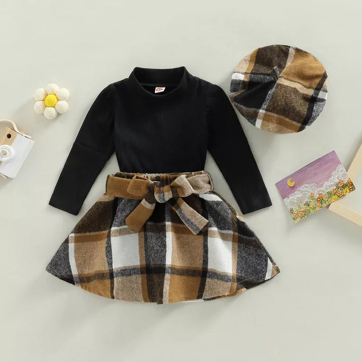 Kids Girls Autumn Clothing Children Outfits Solid Ribbed Long Sleeve Mock Neck Tops + Plaid Skirt + Beret Hat 3Pcs Set