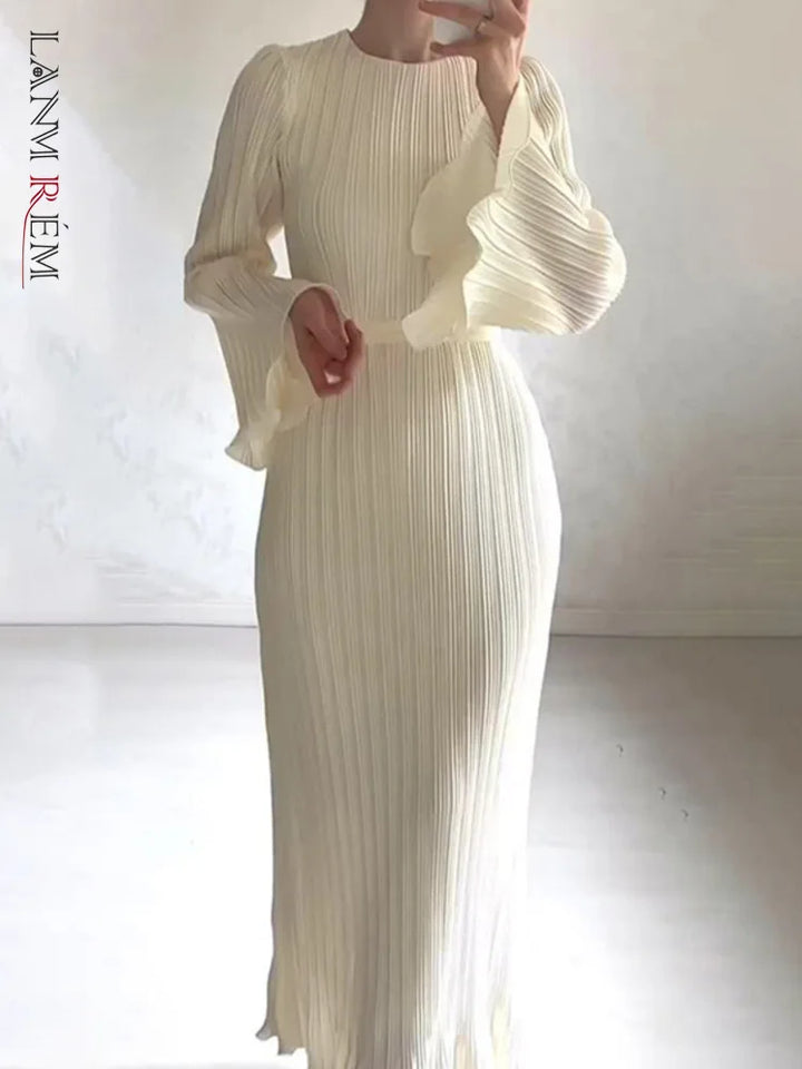 LANMREM Elegant Pleated Dress - Spring 2024 Collection - Sizes S-2XL - Solid Color - Party Dress