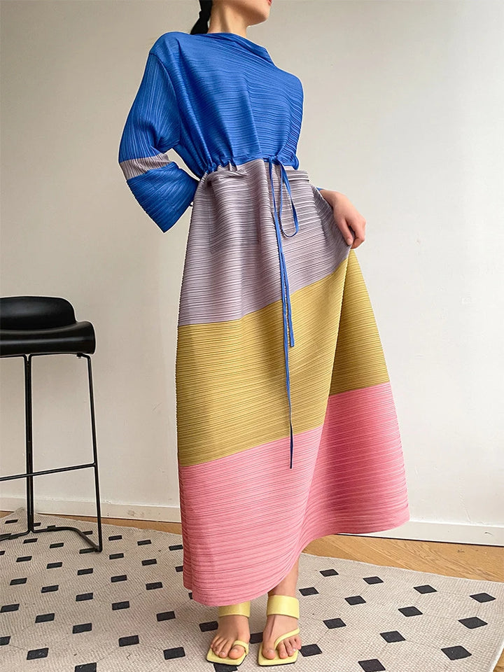 2024 Spring Summer Fashion Plus Size Color-block Dress with Flared Sleeves and Belt