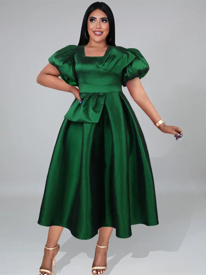 Puff Sleeve Ball Gown Dresses Plus Size Elegant Ladies High Waist Pleated Dark Green Ruffles Shiny Midi Evening Party Outfits