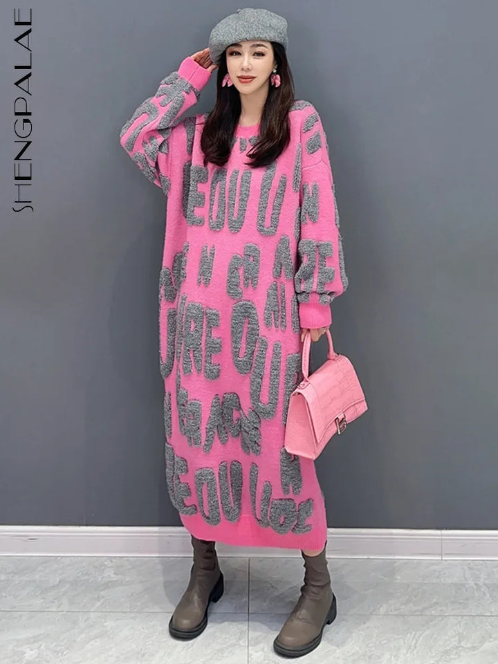 Autumn 2024 Versatile Knit Dress for Women - SHENGPALAE Villus Letter Print - O-neck - Straight - 5R7812