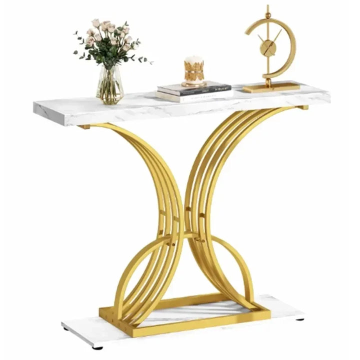 DEXTRUS 40in Gold Narrow Console Table Side  with Faux Marble Top for Living Room Entrance Hallway Entryway