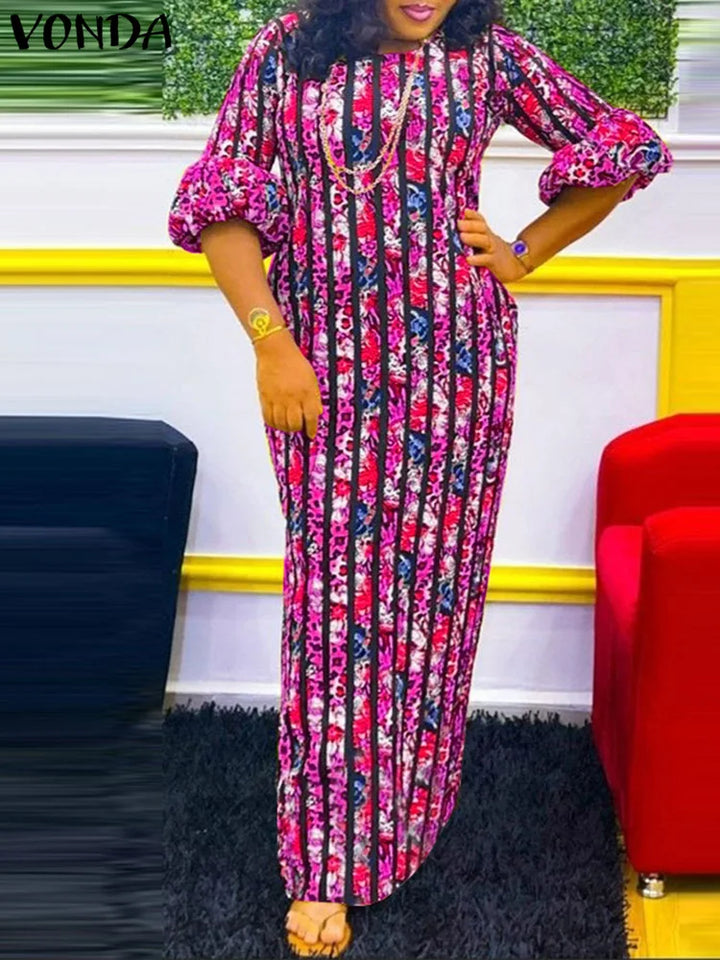 VONDA Plus Size 5XL Bohemian Women Printed Maxi Dress 2023 Autumn Lantern Sleeve Printed Casual Loose Sundress Vintage Vestidos