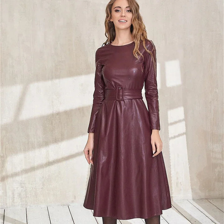 Sexy Faux Leather Dress with Belt - Autumn/Winter Fashion for Women