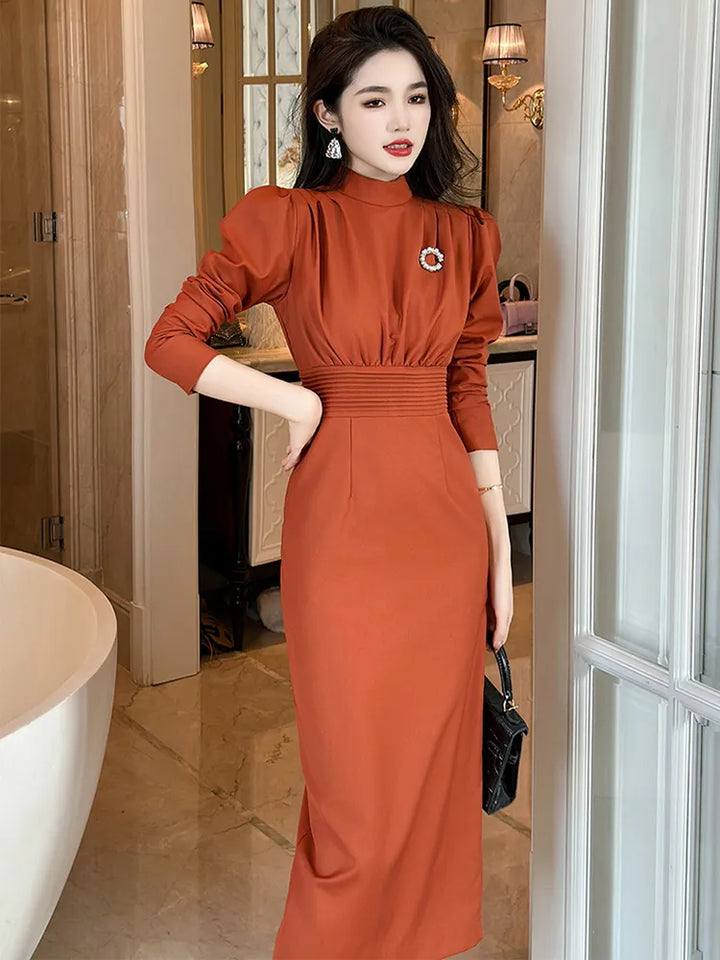 Retro Elegant Bubble Sleeve Professional Dress for Women - High Waist Wrap Hip Slit Midi Robe Femme OL Work Style Vestidos