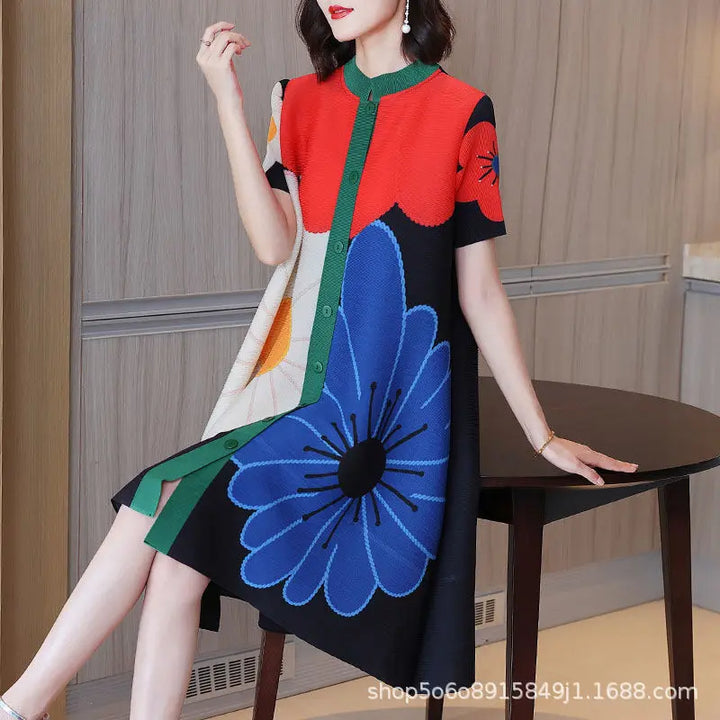 Luxury Oversized Pleated Shirt Dress with Standing Collar - 2023 Fashion Print