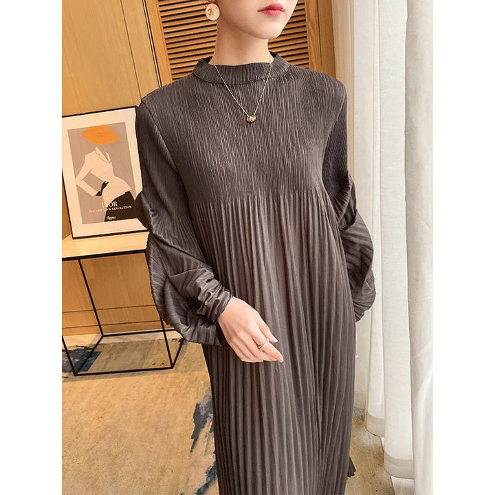 2023 Women's Miyake Pleated Dress | Puffy Sleeve | Knee Length | Loose Fit