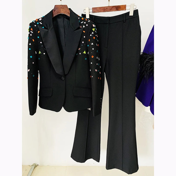 HIGH STREET Newest 2023 Designer Runway Fashion Suit Set Women's Slim Fitting Strass Diamonds Beaded Blazer Pants Set