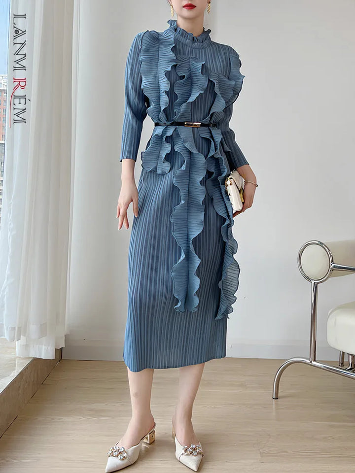 2023 Autumn Elegant Ruffled Dress with Belt - LANMREM Women's Fashion