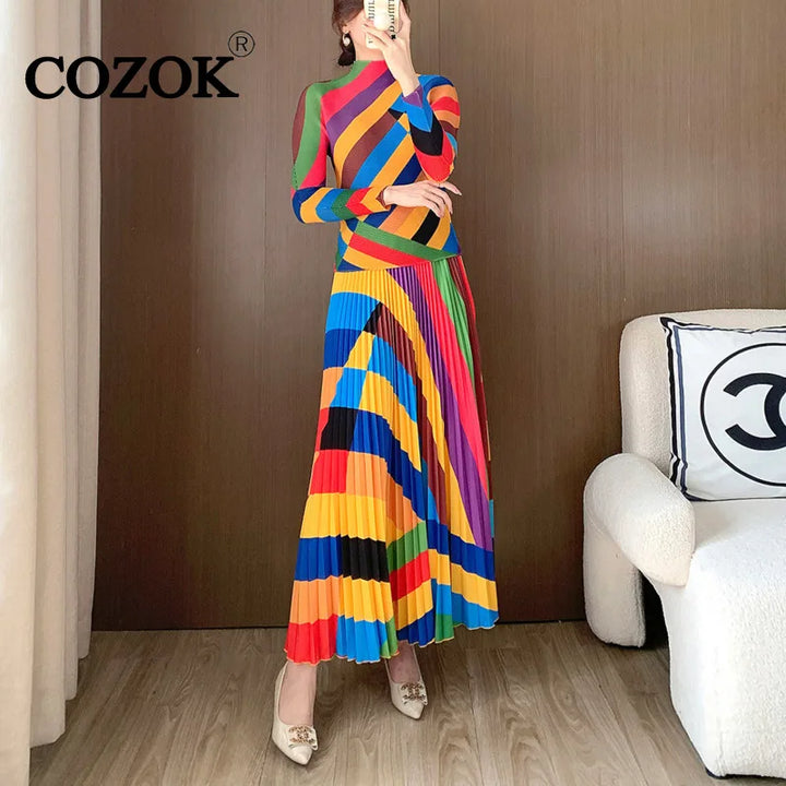 Colorful Patchwork Two-Piece Set: High Collar Top + Ankle-Length Skirt - COZOK