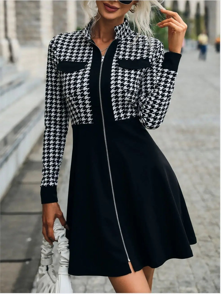 Elegant Houndstooth Dress for Women - Spring Fashion Mini Dresses with Retro Vibes