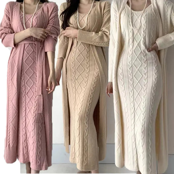 Winter Women Knitted 2 Pieces Set Casual Long Coat Dress Solid Long Sleeve Sweater Coat +Knitted Dress 2PCS Suits Women Warm Set