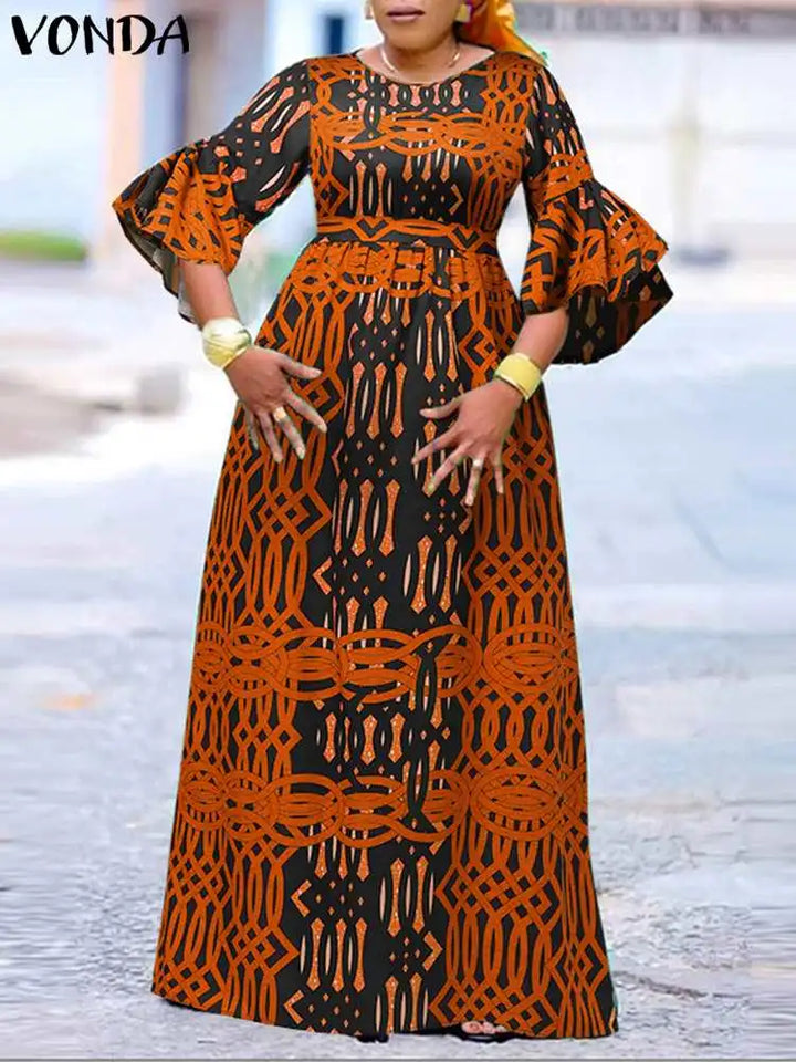 Plus Size 5XL VONDA Bohemian Long Dress 2024 Women Summer Printed Maxi Sundress Casual Loose Belted 3/4 Flare Sleeve Party Robe