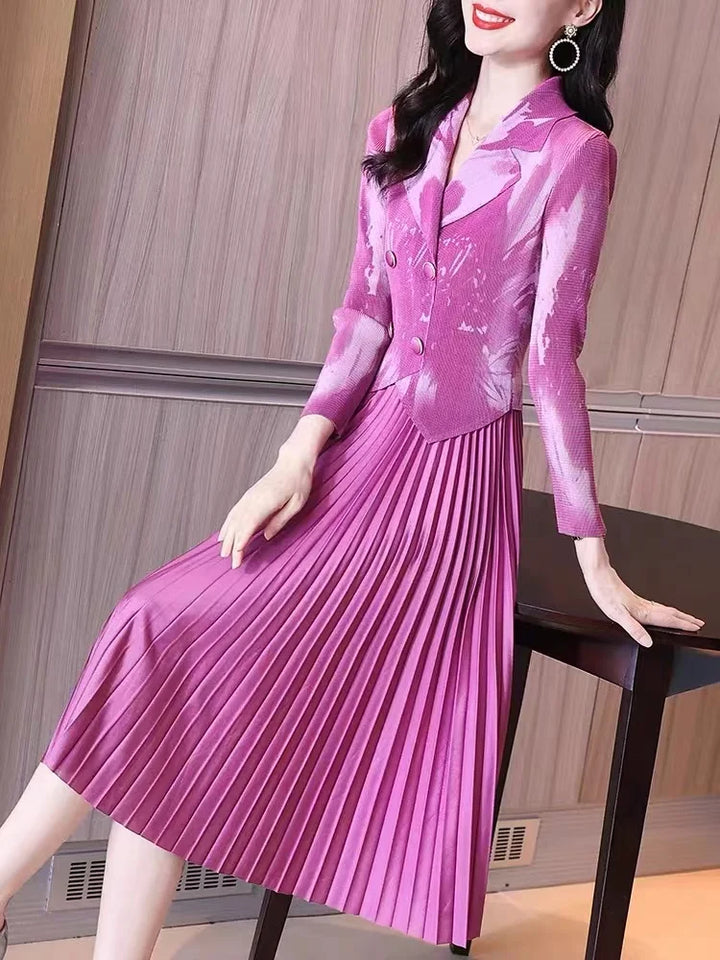 French Rose Red Printed Dress with Pleated A-line Skirt - ZUO MAN RU 2023 Autumn Collection