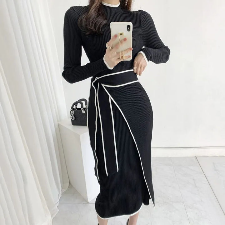 Korean Fashion Turtleneck Maxi Dress - Colorblock Crochet Knit Bodycon