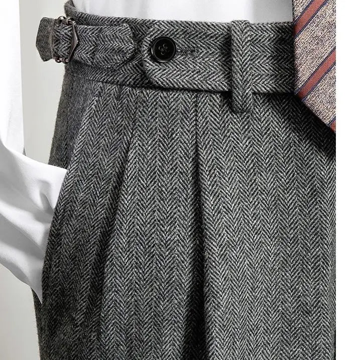 High Waist Woolen Trousers for Men | Tweed Business Casual Pants | Autumn/Winter 2023 | Straight Fit | H336