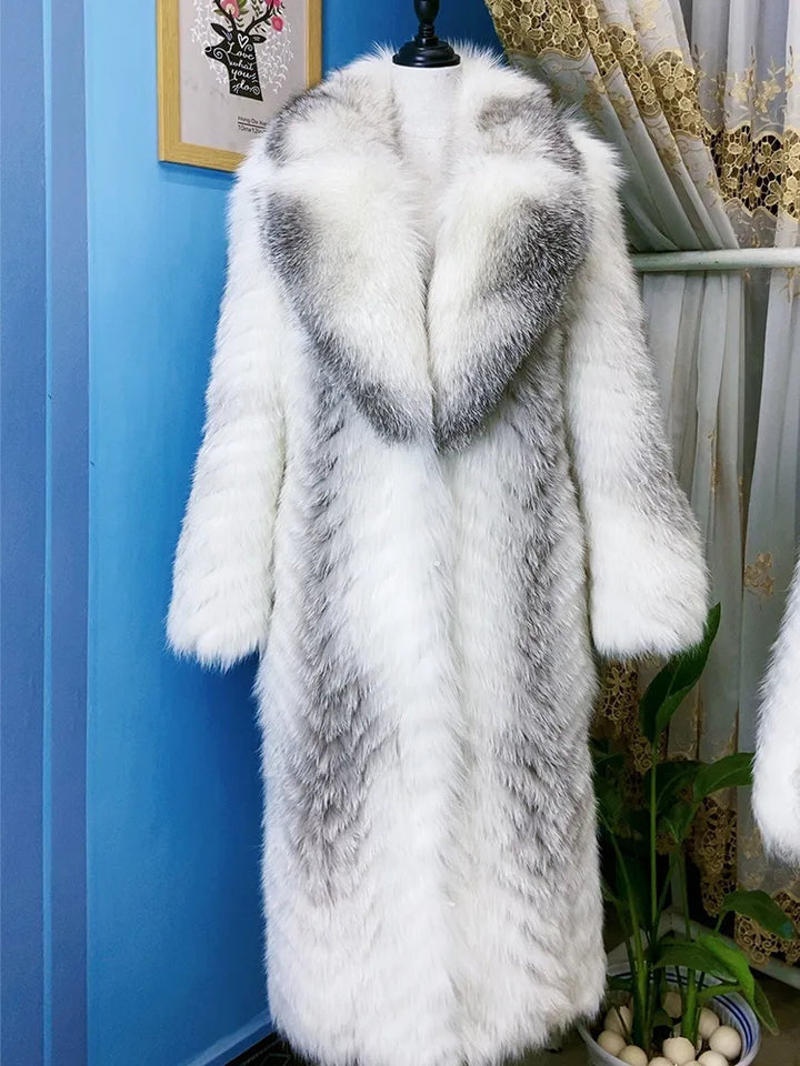 ANNSIRGRA 100% Genuine Fox Fur Jacket x-long Real Fox Fur Coat with Large Turn-down Fox Fur Collar Warm Stylish Fashion Overcoat