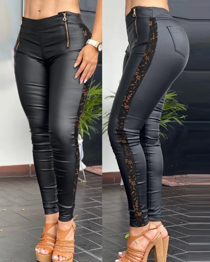 Elegant High-Waisted Skinny PU Leather Pants with Lace Patch and Zipper Design