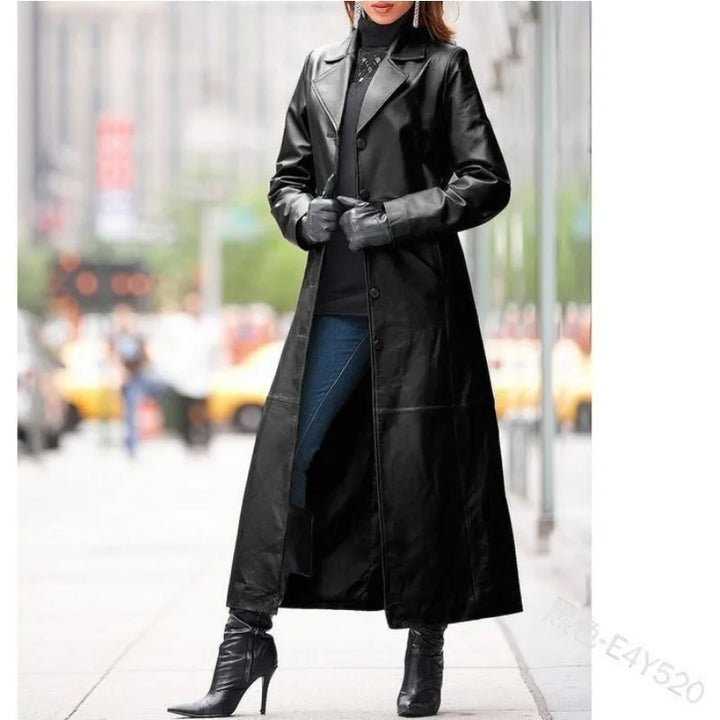 Women's Leather Trench Coat - Slim Fit Outwear with Button Detail