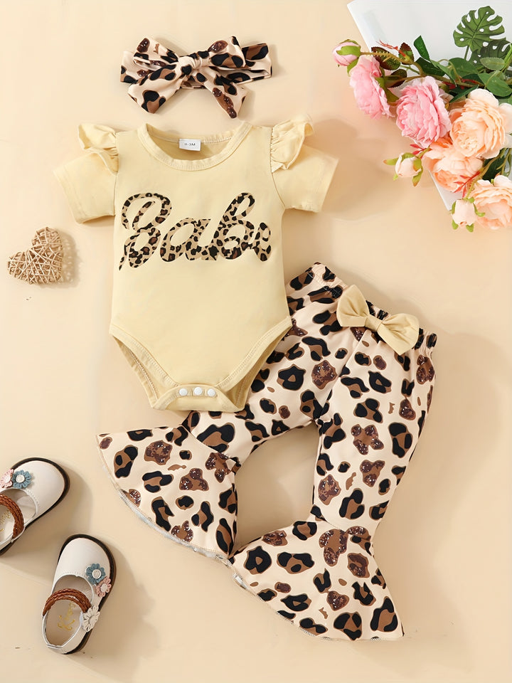 3pcs Baby Girls Cute "Babe" Short Sleeve Onesie & Leopard Graphic Print Flared Pants & Headband Set Clothes