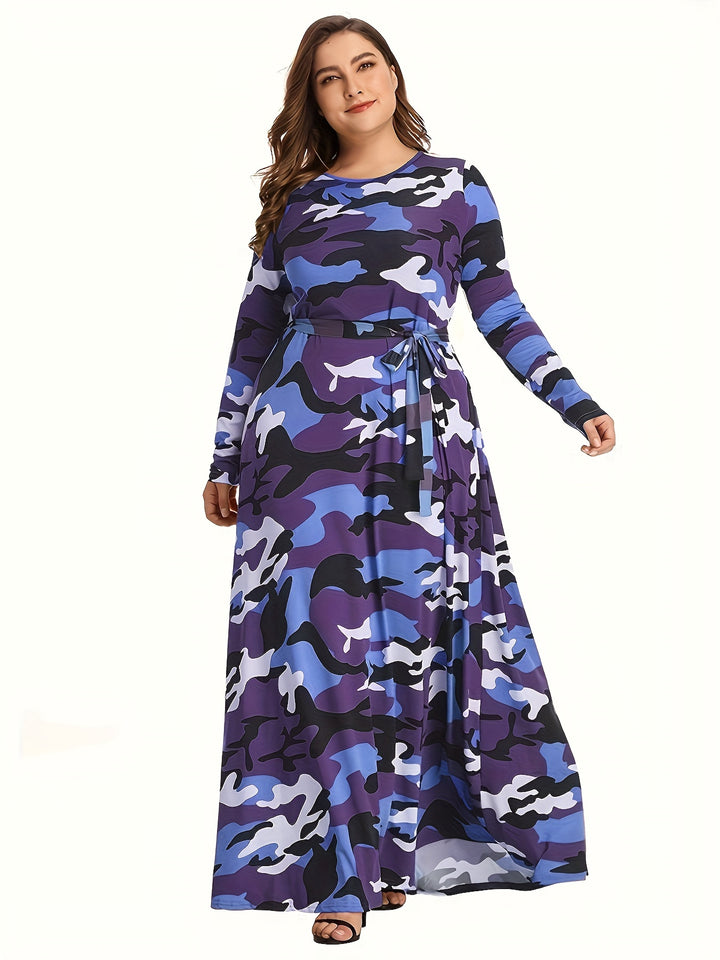 Stylish Plus Size Maxi Dress for Women - Camo Print, Long Sleeve, and Belt Included