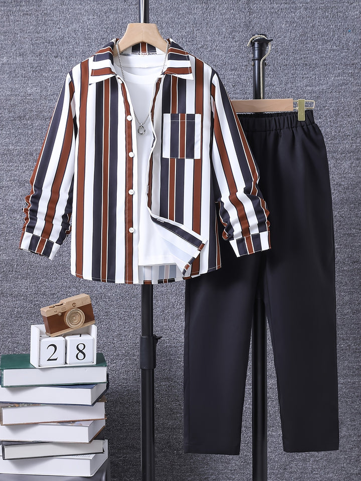 Boy's 2pcs, Vertical Stripe Pattern Shirt & Pants Set, Vacation Style Casual Outfits, Kids Clothes For Spring Fall