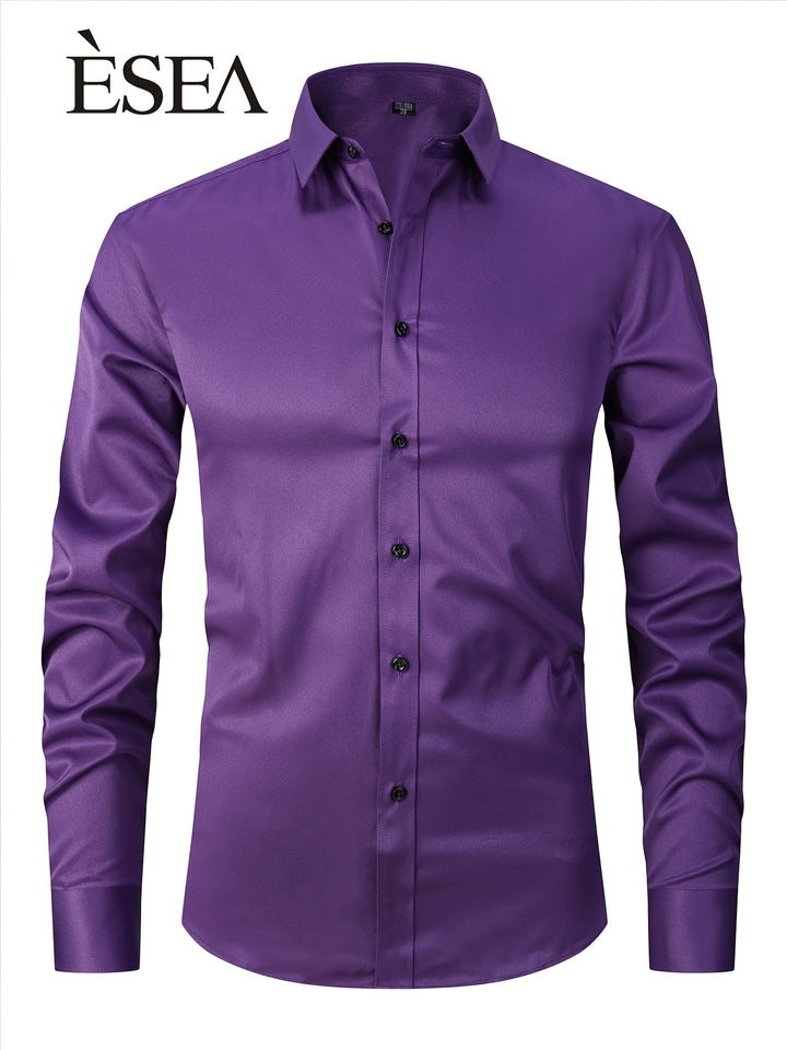 ESEA Men's Europe And The United States Dress Shirt Conventional Version Of Pure-color Non-pocket Wrinkle-free Business Casual Slim Long-sleeved Shirt Elastic Europe And The United States Plus-size Button-up Commuter Dress Shirt Jacket