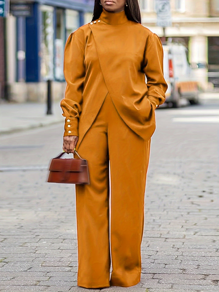 Plus Size Casual Outfits Set, Women's Plus Solid Button Detail Long Sleeve Turtleneck Wrap Hem Top & Pants Outfits 2 Piece Set