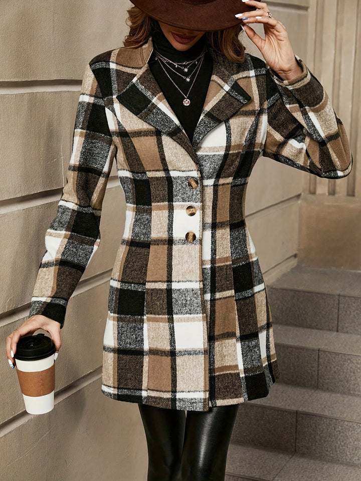 Plaid Pattern Single Breasted Jacket, Casual Lapel Long Sleeve Overcoat For Fall & Winter, Women's Clothing