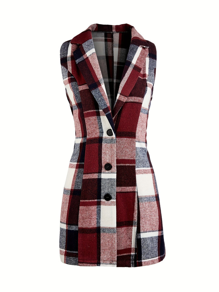 Plaid Sleeveless Lapel Blazer, Casual Single Breasted Outerwear, Women's Clothing