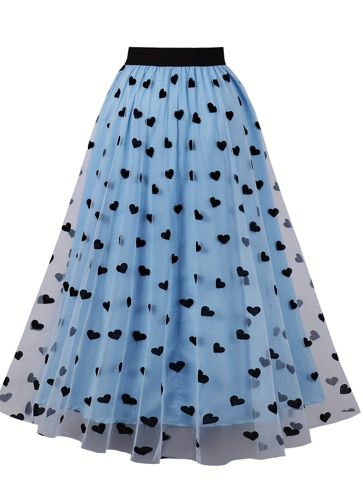Plus Size Elegant Skirt, Women's Plus Layered Heart Mesh Elastic Waist High Rise Slight Stretch A-line Skirt