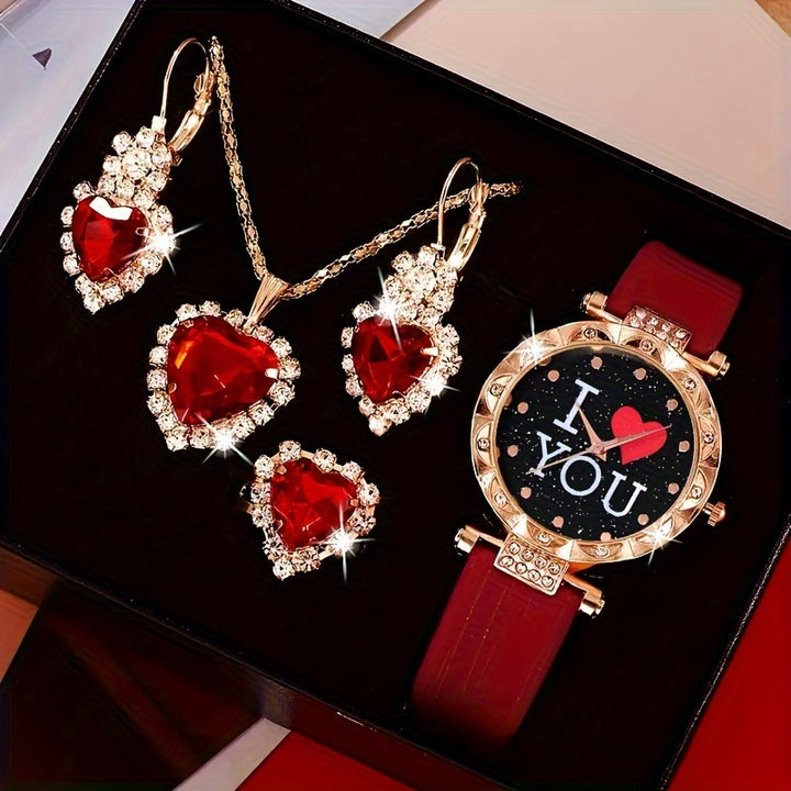 5pcs/set Women's Watch I Love You Heart Quartz Watch Luxury Rhinestone Analog Wrist Watch & Jewelry Set, Gift For Her