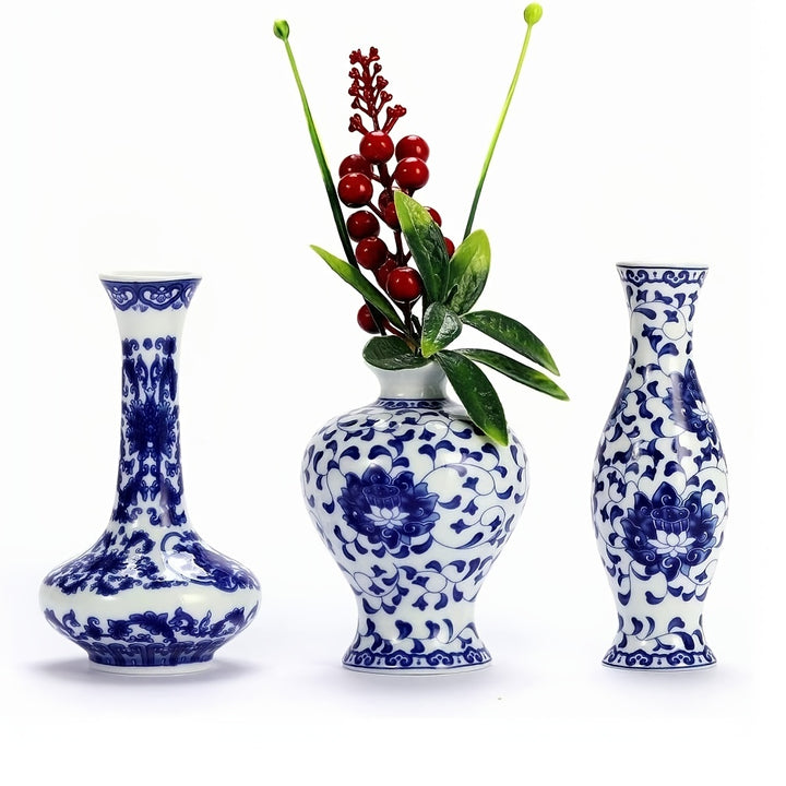 3pcs 1 set Cute Blue and White Ceramic Bud Vase for Farmhouse Table Centerpiece and Rustic Wedding Decorations - Chinese Antique Style Vase for Home Table Flower Decor