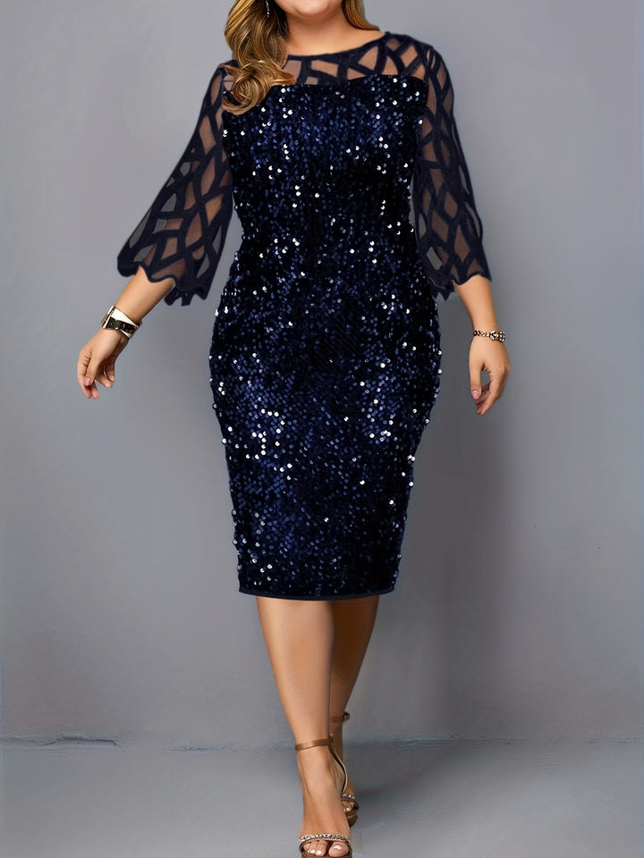 Plus Size Elegant Dress, Women's Plus Sequin Decor Contrast Mesh Three Quarter Sleeve Round Neck Bodycon Midi Dress