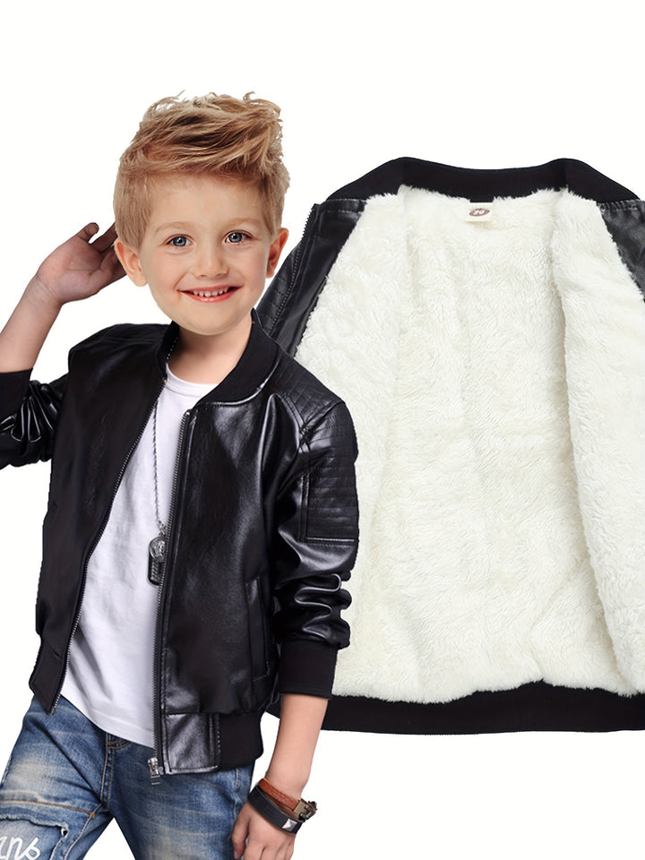 Trendy Boys Plus Fleece Thick Leather Zip Up Jacket With Side Pocket, Fashion Gift For Kids