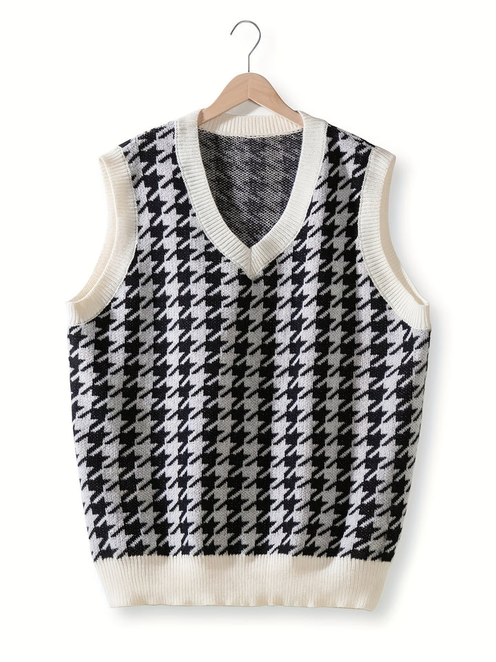 Men's V-neck Houndstooth Casual Sleeveless Knitted Sweater Vest, Men's Clothing For Autumn Winter