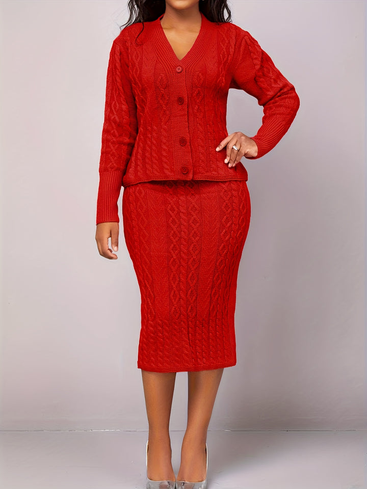 Solid Elegant Two-piece Set, Button Front V Neck Long Sleeve Tops & Bag Hip Midi Skirts Outfits, Women's Clothing