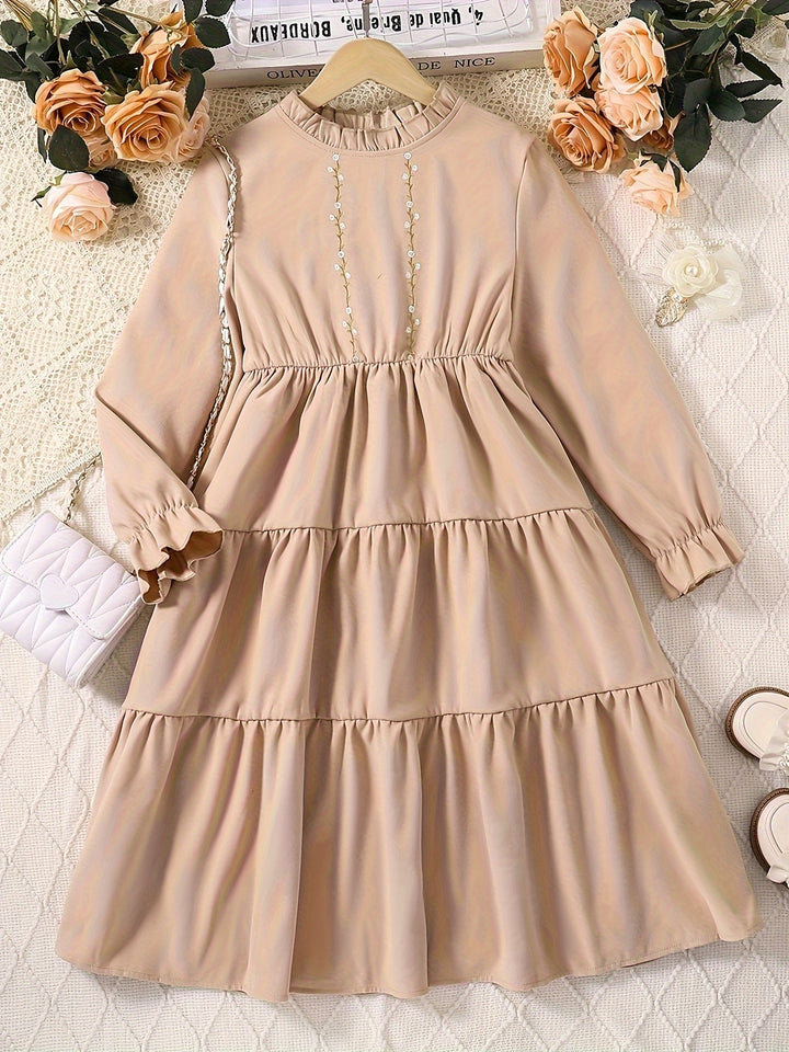 Elegant Girls Embroidery Long Sleeve Ruffle Trim Dress Kids Clothes For Autumn Party