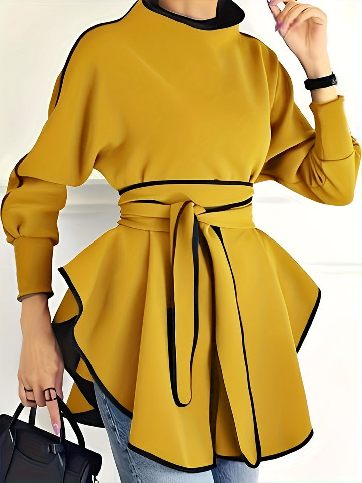 Contrast Trim Belted Asymmetrical Tunics, Elegant Mock Neck Long Sleeve Top For Spring & Fall, Women's Clothing