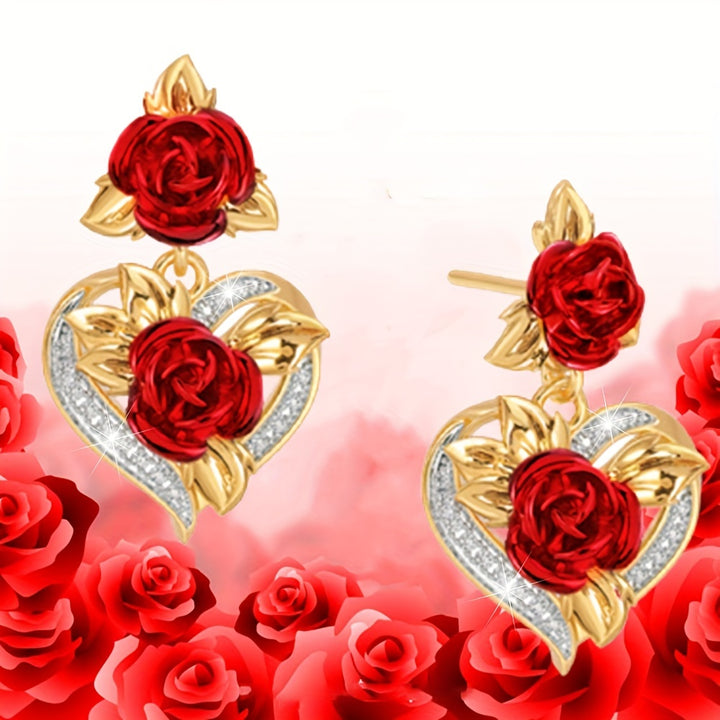 Romantic Valentine's Day Gift - Elegant Women's Heart Rose Flower Dangle Stud Earrings