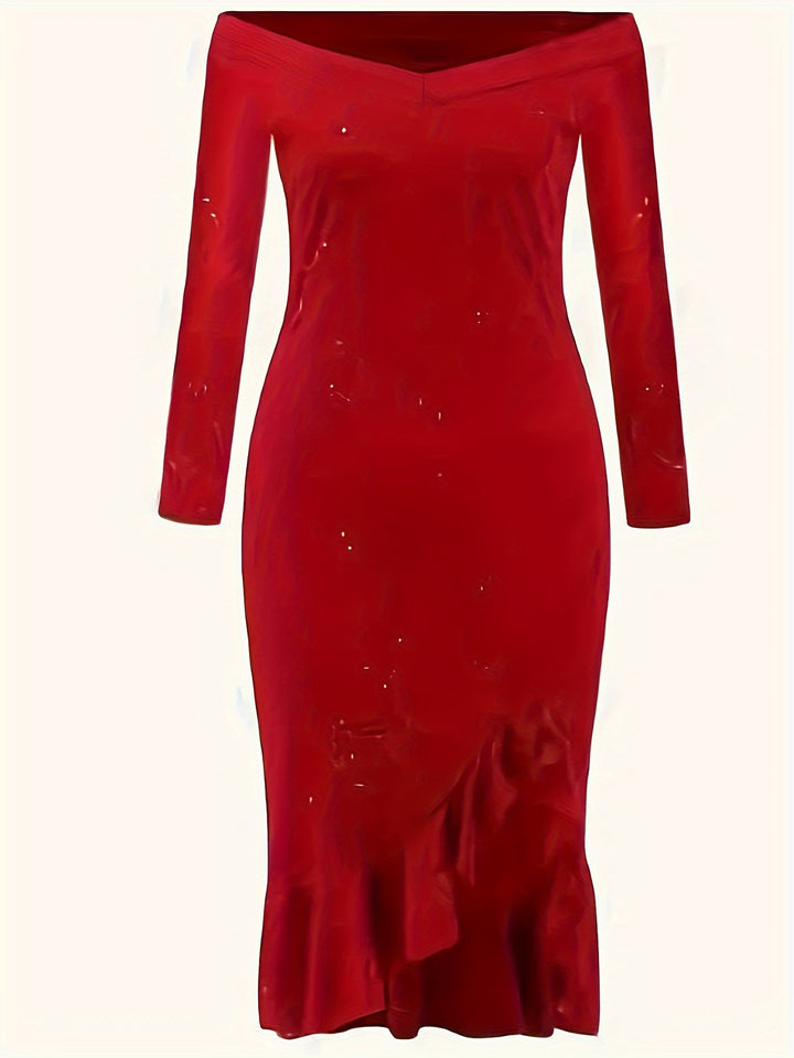 Plus Size Sexy Dress, Women's Plus Solid Rhinestone Decor Off Shoulder Long Sleeve Ruffle Trim Bodycon Mermaid Dress