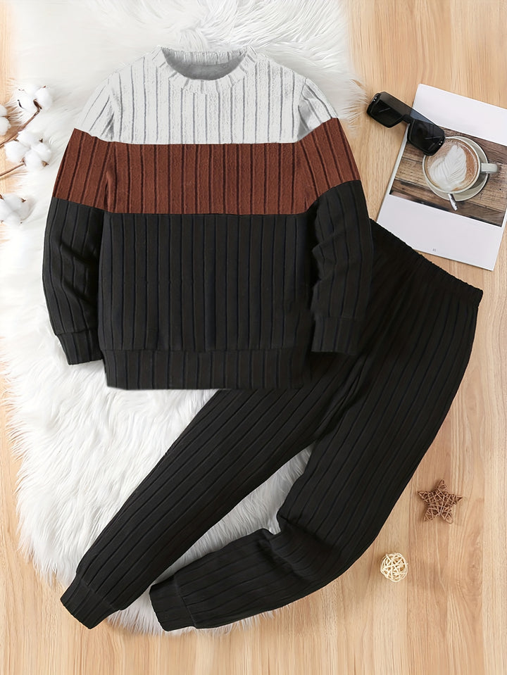 2pcs Boy's Color Clash Crew Neck Outfit, Ribbed Long Sleeve Top & Pants Set, Kid's Clothes For Spring Fall Winter, As Gift