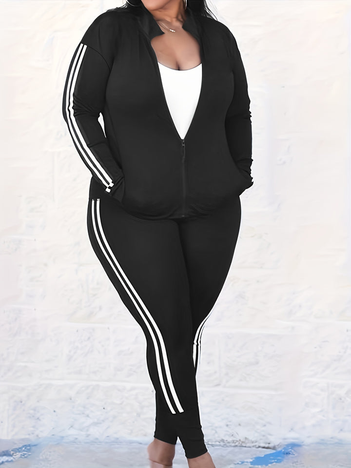 Plus Size Sporty Outfits Set, Women's Plus Striped Long Sleeve Zipper Front Medium Stretch Coat & Joggers Outfits 2 Piece Set