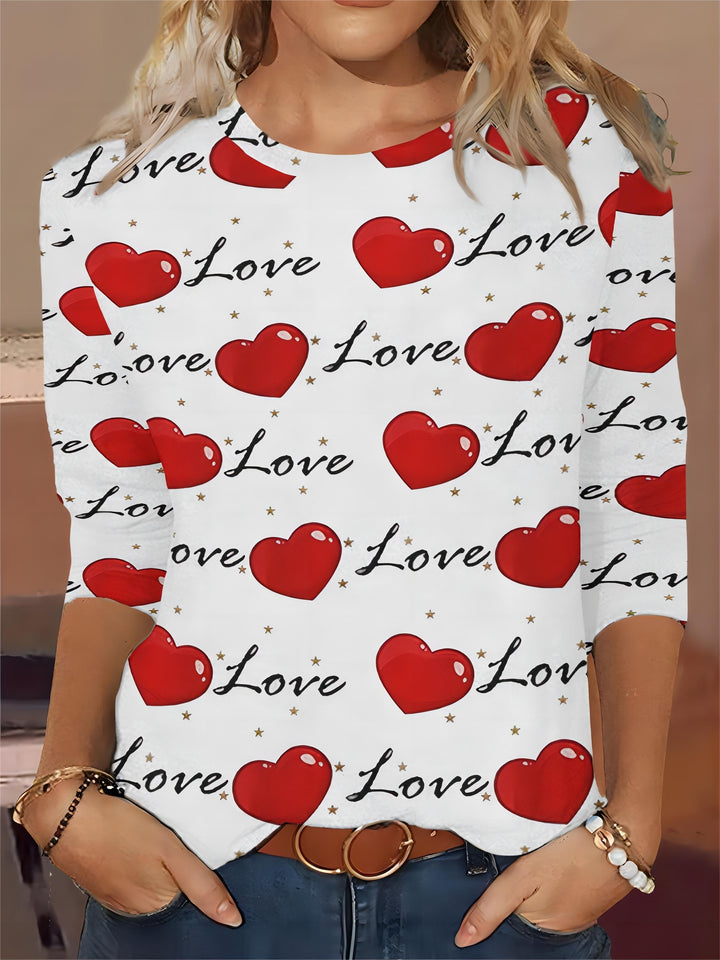 Plus Size Heart Print Top, Casual Crew Neck Long Sleeve Top, Women's Plus Size Clothing