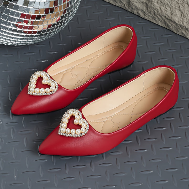 Women's Heart Decor Flat Shoes, Elegant Point Toe Slip On Shoes, Lightweight & Comfortable Valentine's Day Shoes