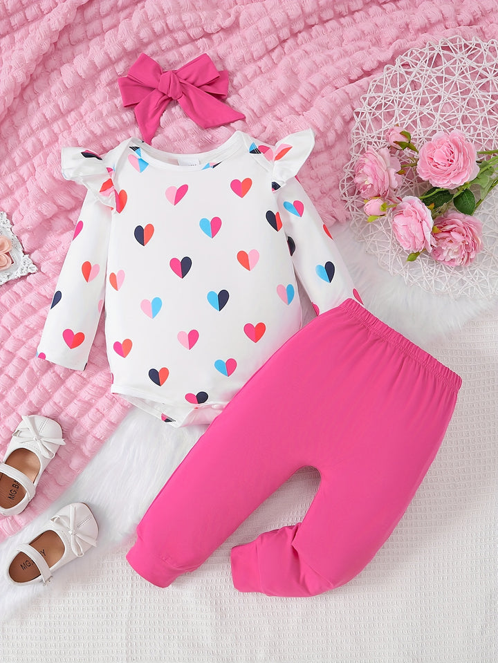 3pcs Multicolor Love Print Long Sleeve Ruffle Fashion Romper Top + Casual Pants + Bandana Clothes Set