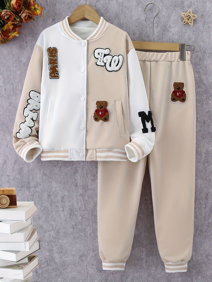 2pcs Girls Bear & Letter Decor Outfits, Splicing Baseball Jacket + Jogger Pants Set Spring Fall Sports Gift